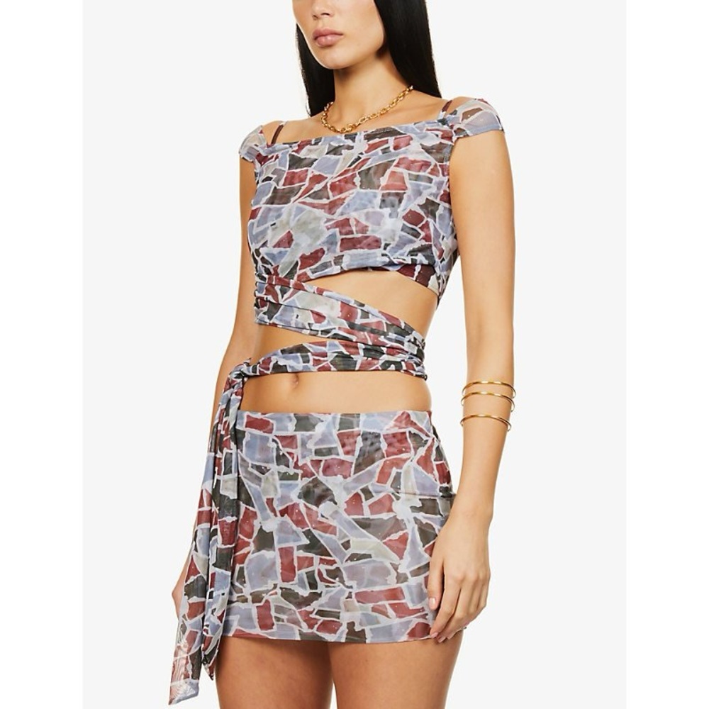 Inamorata Mesh Geometric Off-shoulder Wrap Crop top